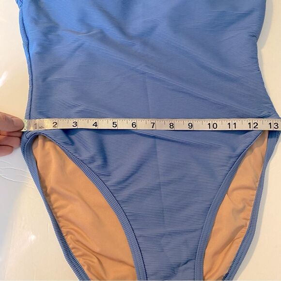 J. Crew Ribbed blue one strap one piece Swimsuit padded L 10 - Picture 3 of 11